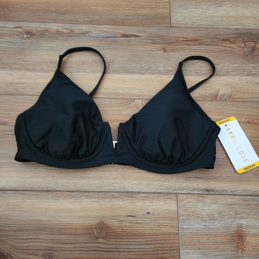 Anne Cole Bikini Top Womens M Black V-Wire NEW